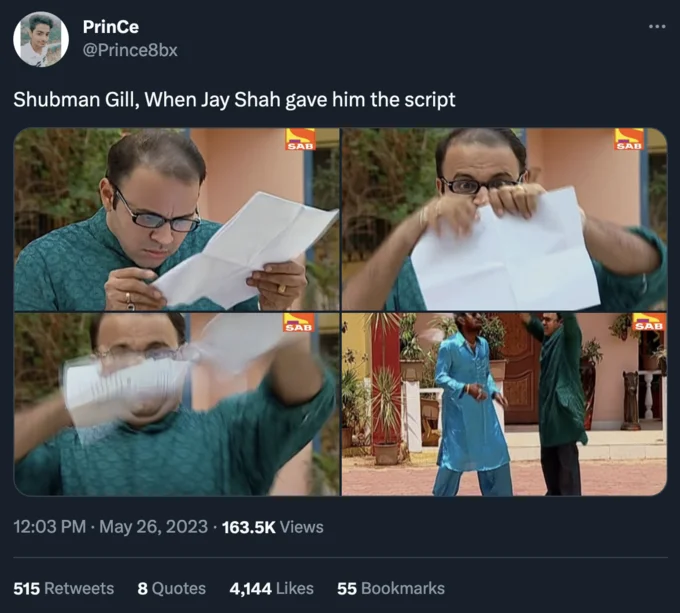 Jay Shah's Rude Hand Gesture — Tweet with four-panel Sab TV reaction meme joking about Shubman Gill receiving a script from Jay Shah
