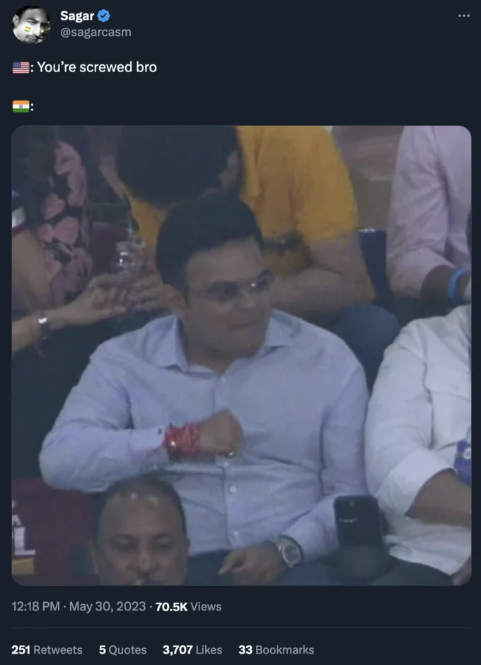 Tweet contrasting USA and India with Jay Shah's rude hand gesture as India's response