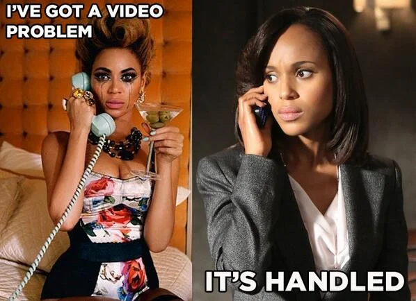 Jay-Z and Solange Knowles Elevator Fight — Beyoncé on phone with 'I've got a video problem' next to Olivia Pope with 'It's handled'