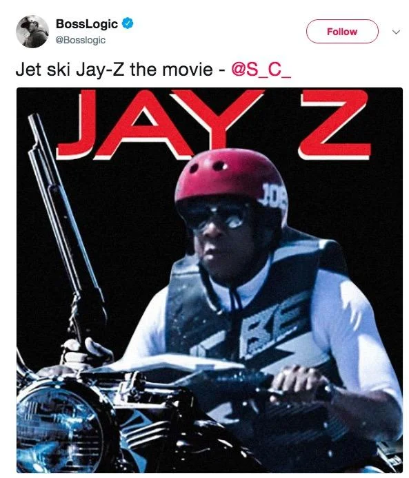 Jay-Z On a Jet-ski — Fake movie poster edit of Jay-Z on a jet ski holding a weapon, titled JAY Z