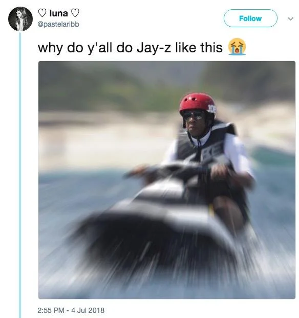 Jay-Z On a Jet-ski — Tweet imagining Jay-Z responding to a Gotham threat, with jet ski photo