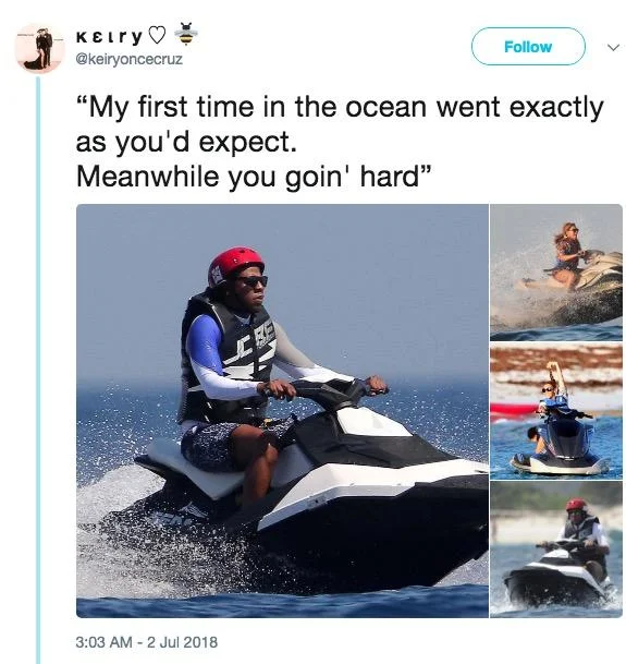 Jay-Z On a Jet-ski — Tweet comparing the user's ocean experience with Jay-Z jet skiing photos
