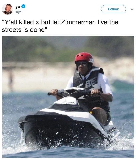 Jay-Z On a Jet-ski — Tweet by @yc with Jay-Z jet ski image beneath text about XXXTentacion and Zimmerman
