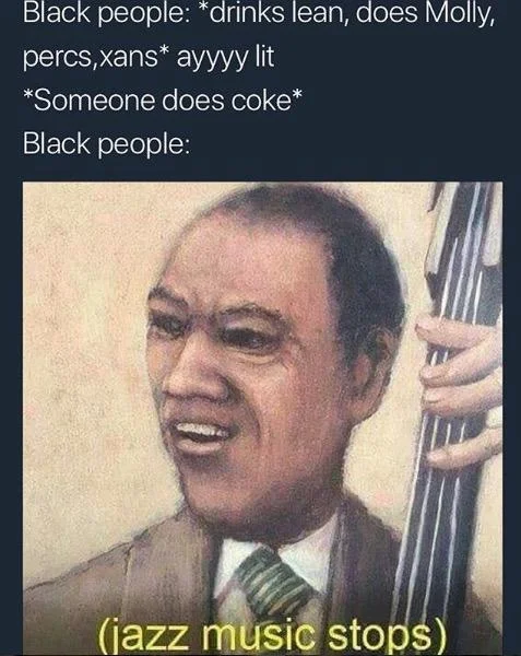 Jazz music stops meme with joke about drug preferences