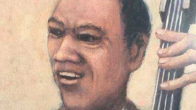Jazz Music Stops — Cropped painting of a jazz bassist making a disapproving face