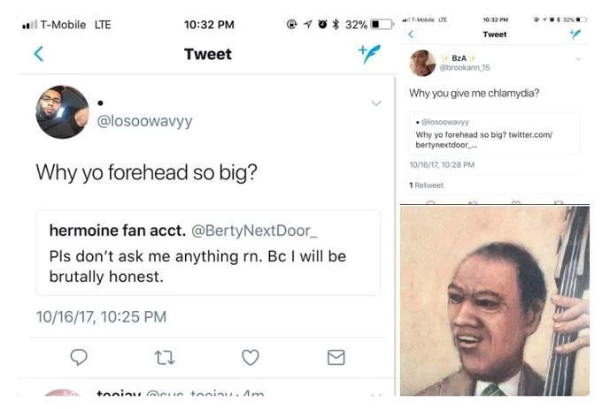 Jazz Music Stops — Twitter screenshots using the jazz musician painting as a reaction