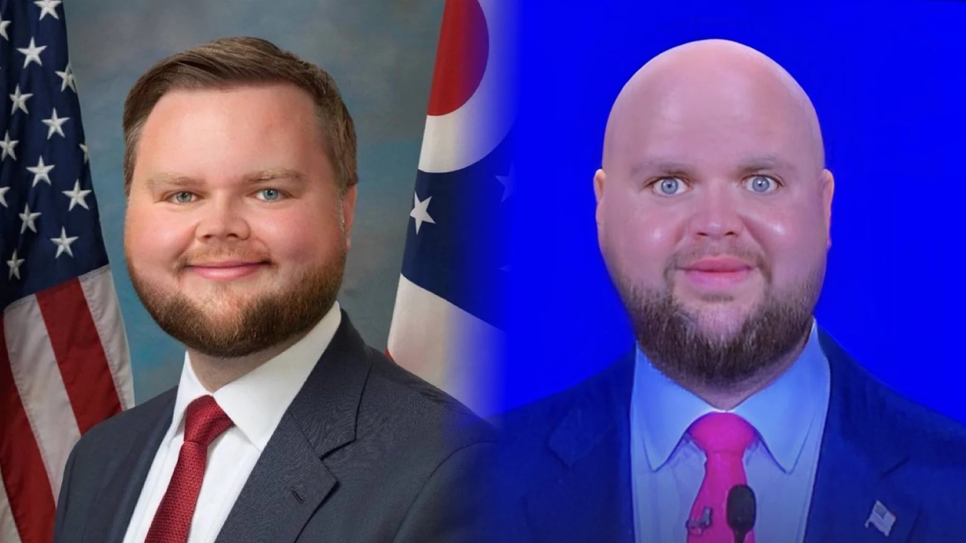 J.D. Vance Babyface Edits — Two babyfaced JD Vance edits displayed side by side, one official portrait style and one bald convention edit.