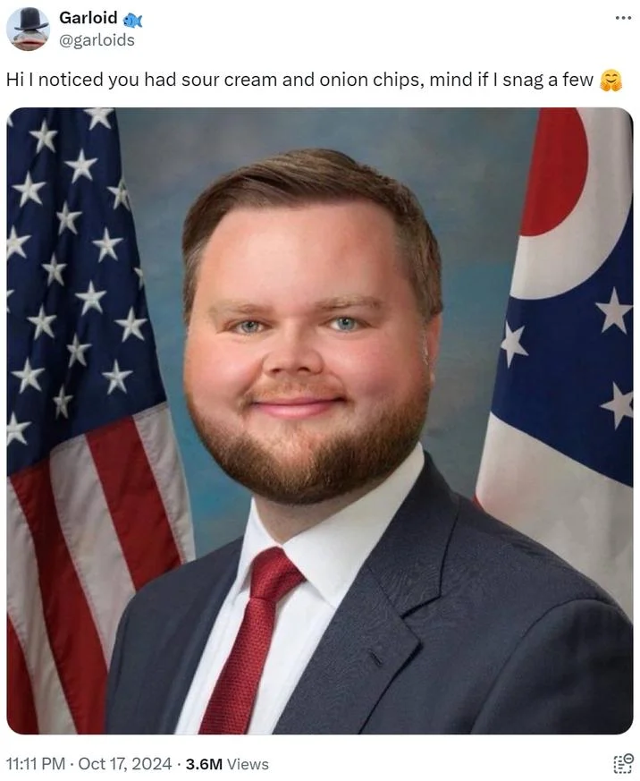 J.D. Vance Babyface Edits — Garloid tweet using the babyface JD Vance portrait with a sour cream and onion chips caption.