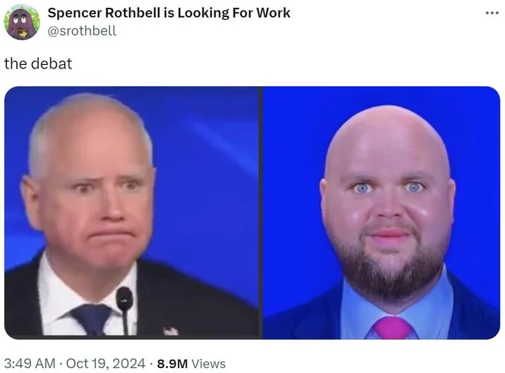 J.D. Vance Babyface Edits — Tweet comparing Tim Walz and a bald babyface JD Vance edit from the VP debate, captioned 'the debat'.