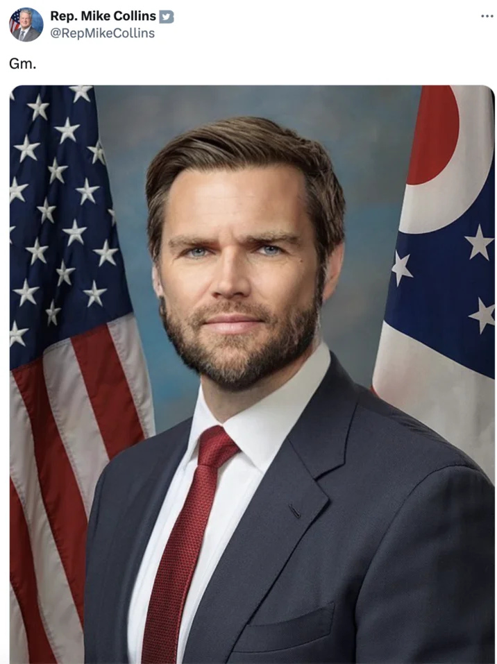 J.D. Vance Edited Face Photoshops — Tweet from Rep. Mike Collins showing edited JD Vance portrait with slimmer face