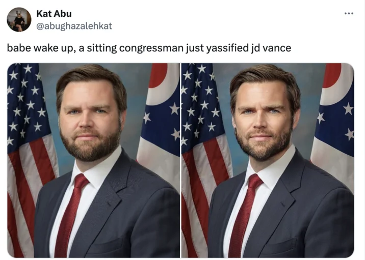 J.D. Vance Edited Face Photoshops — Tweet comparing original and yassified JD Vance portraits