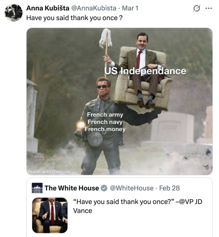 Jd Vance Have You Said Thank You Once — A meme showing someone carrying a chair labeled 'US Independence' while a figure sits holding items, captioned with the