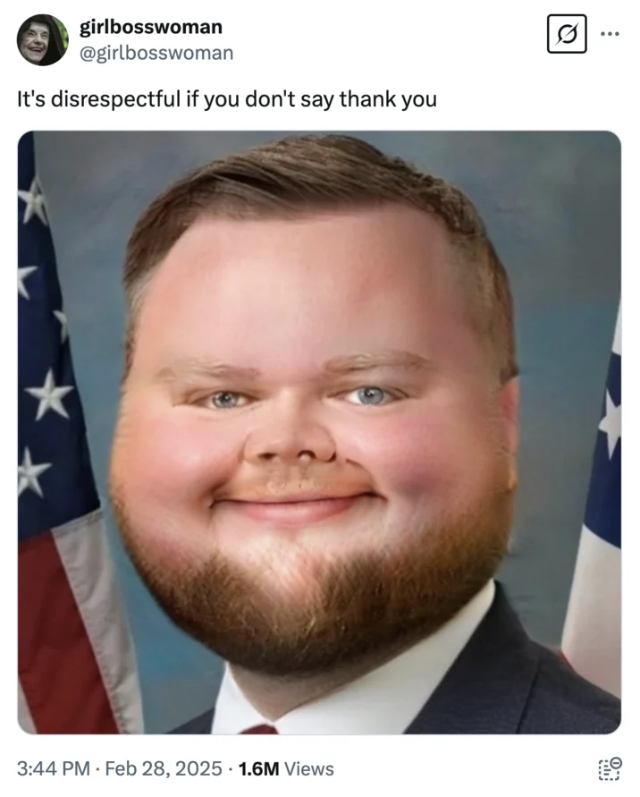 Jd Vance Have You Said Thank You Once — An official-style portrait of a bearded man captioned 'It's disrespectful if you don't say thank you' as a direct