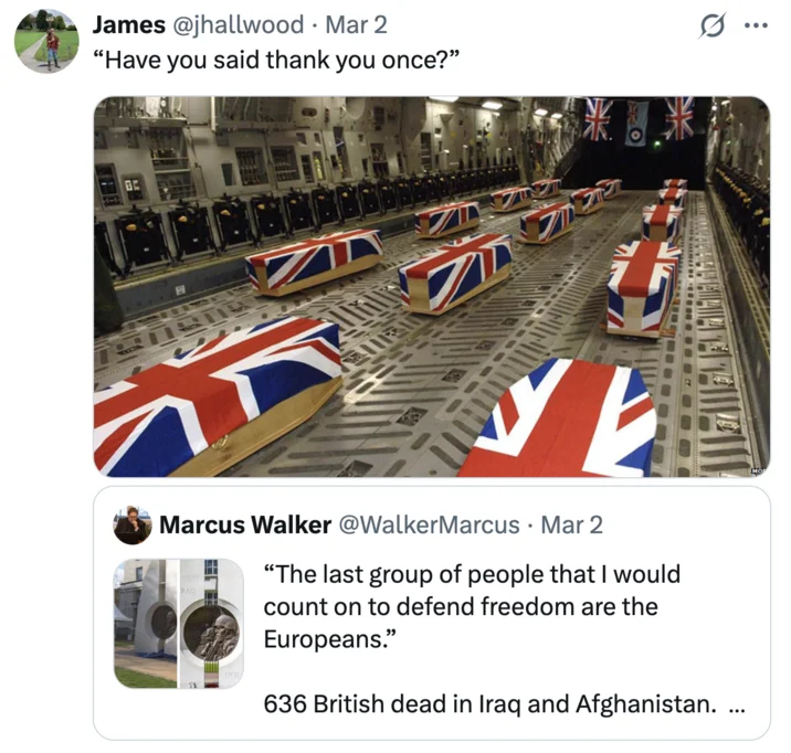 Jd Vance Have You Said Thank You Once — A screenshot of British flag-draped coffins in a military funeral ceremony, captioned 'Have you said thank you once?'