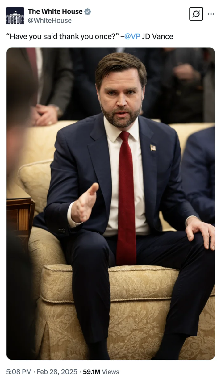 Jd Vance Have You Said Thank You Once — Screenshot from The White House showing J.D. Vance in a navy suit seated on a beige couch during the meeting, with