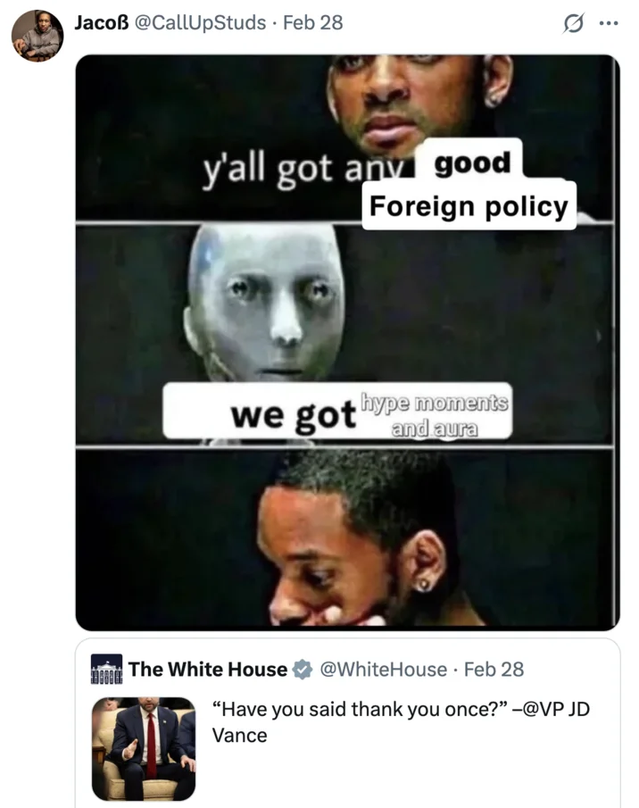 Jd Vance Have You Said Thank You Once — A three-panel comparison meme about foreign policy with responses riffing on the original J.D. Vance quote.
