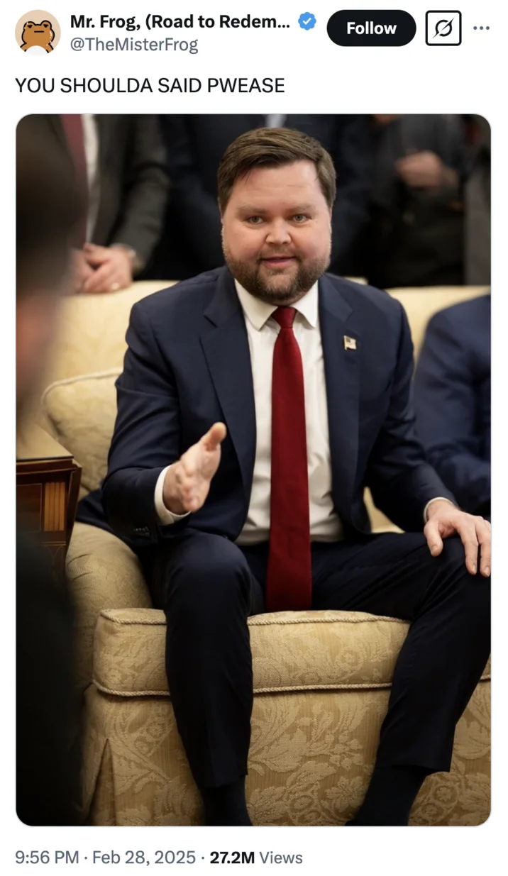 Jd Vance Have You Said Thank You Once — The White House photo of J.D. Vance with added caption 'YOU SHOULDA SAID PWEASE' as a joking variation.
