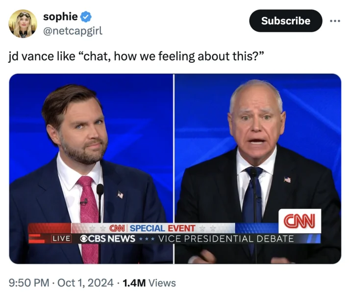 Jd Vance Side Eye — Tweet joking Vance is asking his 'chat' how they feel while Walz speaks