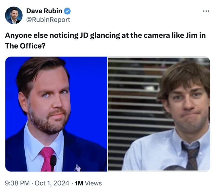 Jd Vance Side Eye — Dave Rubin tweet comparing JD Vance's side-eye to Jim from The Office