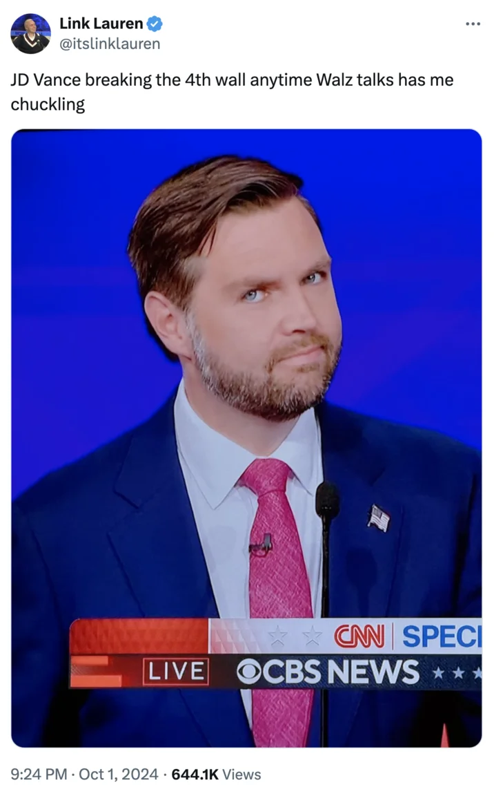 Jd Vance Side Eye — Tweet by Link Lauren about JD Vance breaking the fourth wall during Walz's debate remarks