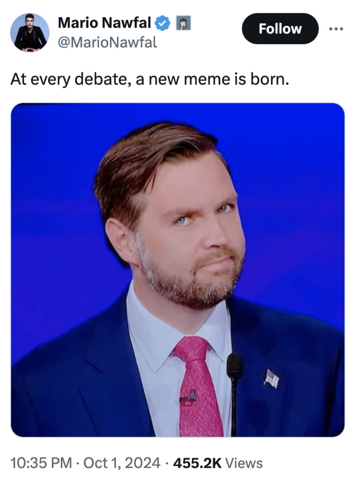 Jd Vance Side Eye — Mario Nawfal tweet declaring the birth of a new debate meme with Vance's side-eye
