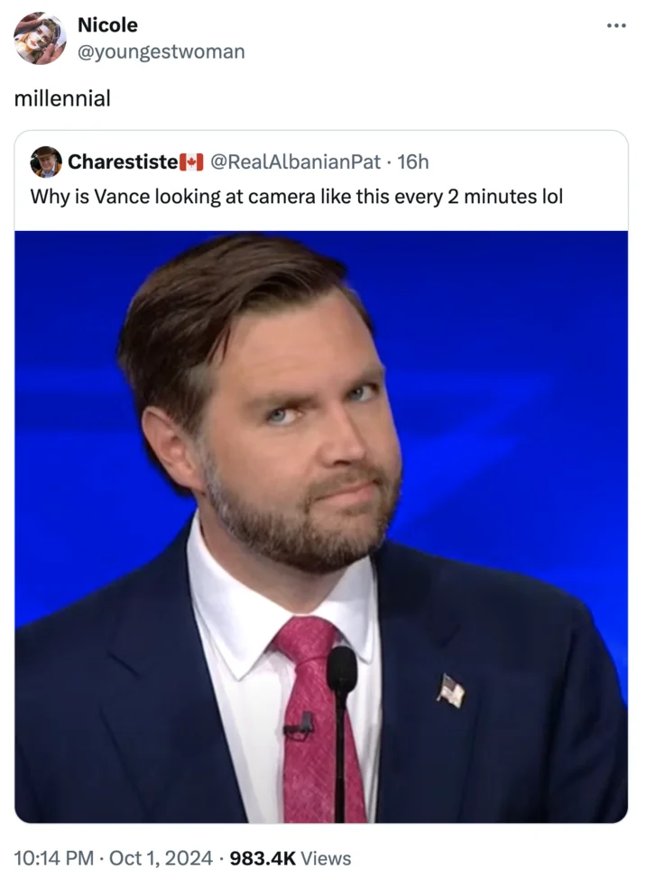Jd Vance Side Eye — Nested tweet joking that Vance's repeated camera glances are a millennial trait