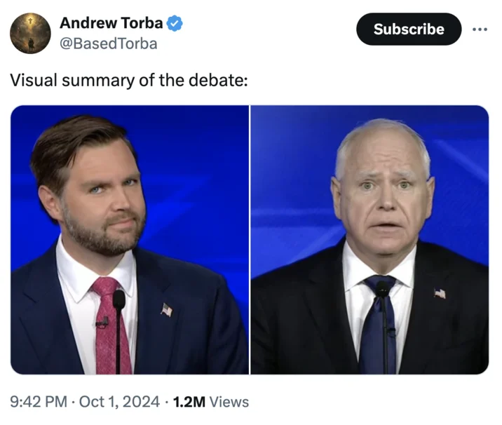 Jd Vance Side Eye — Side-by-side of composed JD Vance and startled Tim Walz posted by Andrew Torba