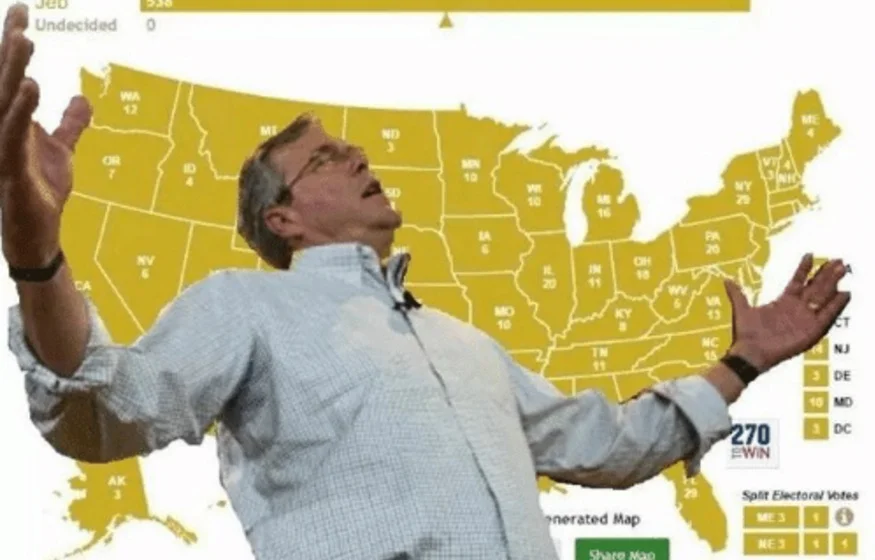 Jeb Wins — Jeb Bush with arms raised in front of a US electoral map showing him winning all 538 electoral votes.
