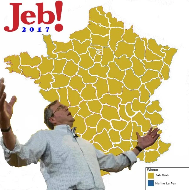Jeb Wins — Jeb Bush with arms raised in front of a map of France colored for Jeb against Marine Le Pen with a Jeb 2017 logo.