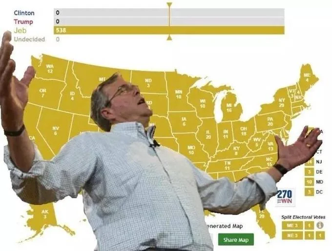 Jeb Wins — Jeb Bush with arms raised over an electoral map showing him winning 538 to 0 against Clinton and Trump.