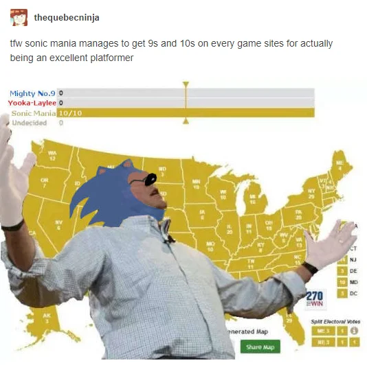 Tumblr post using the Jeb Wins meme with Sonic's head pasted on Jeb's body to celebrate Sonic Mania's review scores.
