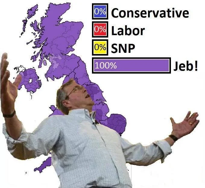 Jeb Wins — Jeb Bush with arms raised in front of a UK map showing 100 percent Jeb versus 0 percent for Conservative, Labor, and SNP.