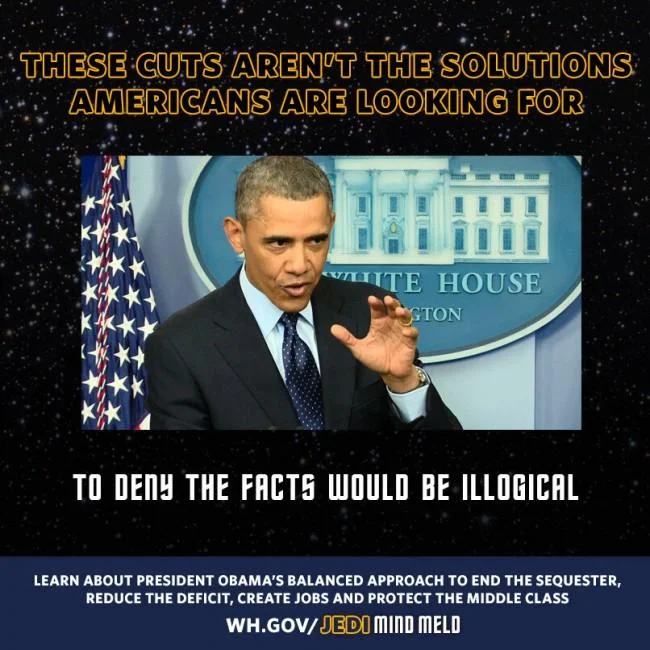 Full-size Obama Jedi mind meld meme poster with sequester-themed text and WhiteHouse.gov URL