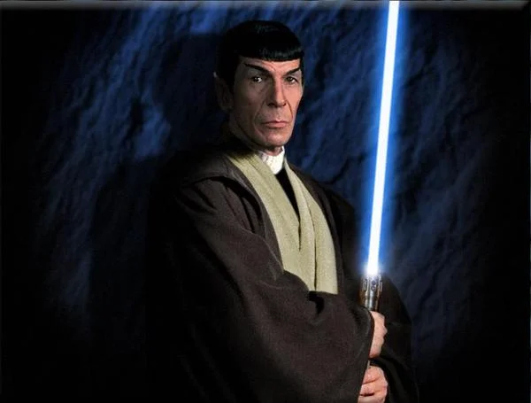 Jedi Mind Meld — Spock from Star Trek wearing Jedi robes and holding a blue lightsaber