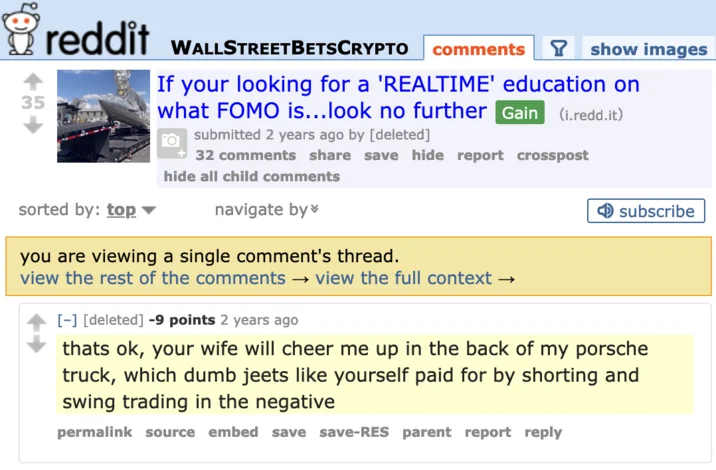 Jeet (Crypto) — WallStreetBetsCrypto Reddit comment insulting other users as 'dumb jeets'.