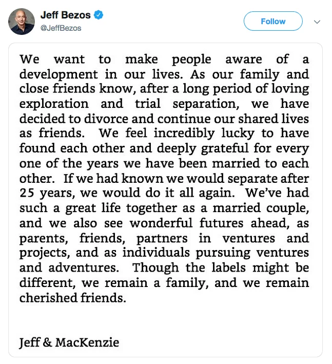 Screenshot of Jeff Bezos's Twitter post announcing his divorce from MacKenzie Bezos