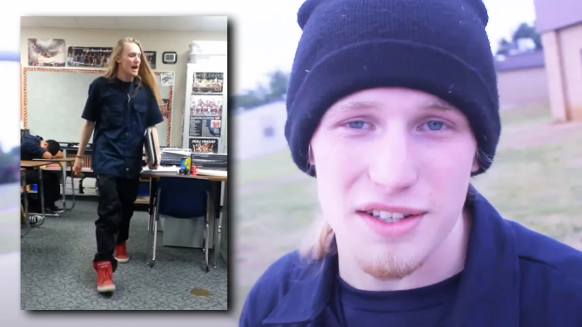 Jeff Bliss Friggin Packet Yo — Split image of Jeff Bliss standing in a classroom and a close-up of him in a black beanie