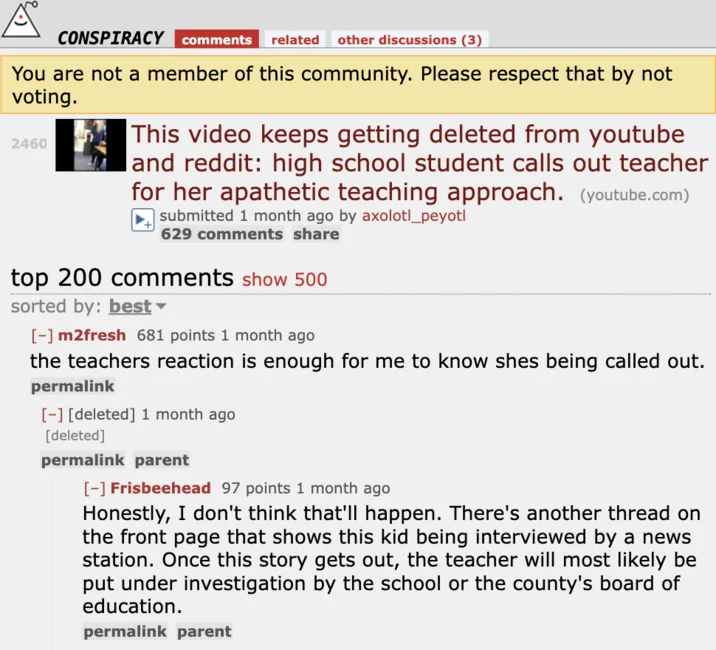 Jeff Bliss Friggin Packet Yo — Reddit r/conspiracy screenshot of a thread about Jeff Bliss's viral classroom rant video being deleted