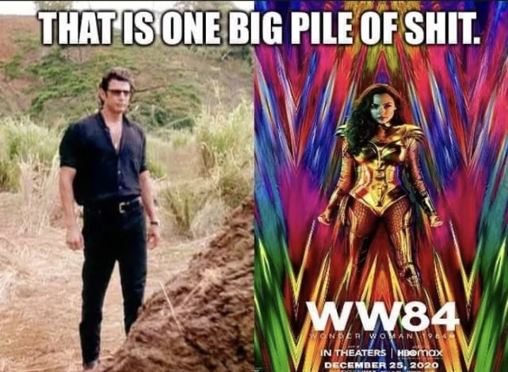 Jeff Goldblum — Ian Malcolm quote That is one big pile of shit next to the Wonder Woman 1984 poster