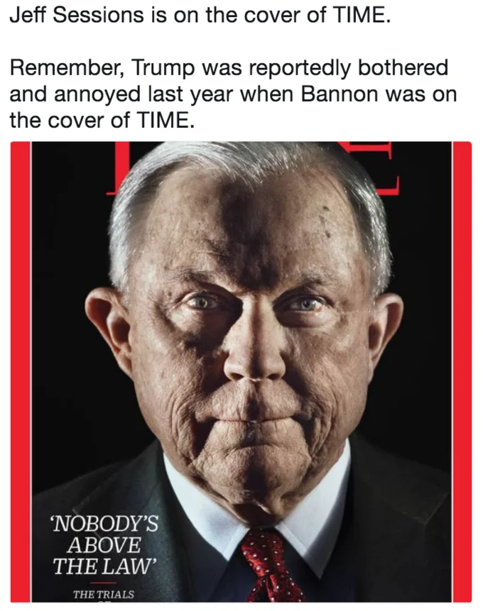 Jeff Sessions Time Cover — Blog post or discussion article analyzing reactions to Jeff Sessions' Time Magazine cover from March 2018 with the full cover image.