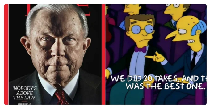 Jeff Sessions Time Cover — Split-screen meme pairing the Jeff Sessions Time Magazine cover on the left with a Simpsons screenshot on the right.