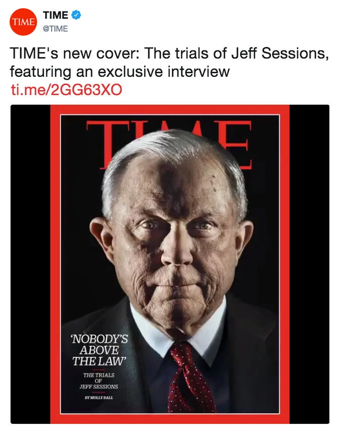 Jeff Sessions Time Cover — Screenshot of the official TIME magazine Twitter announcement showing the full Jeff Sessions cover with red border and 'NOBODY'S