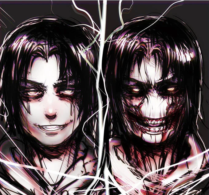 Jeff The Killer — Digital illustration showing a character with dark black hair, extremely pale white face, and dark red mouth with menacing expression in a