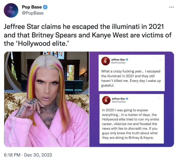 Jeffree Star Vs The Illuminati — Pop Base tweet summarizing Jeffree Star's illuminati claims