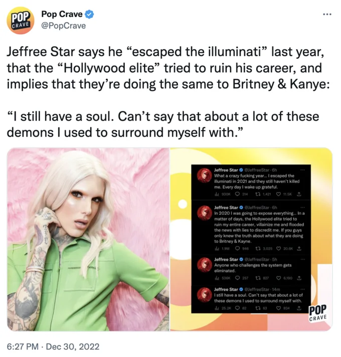 Jeffree Star Vs The Illuminati — Pop Crave tweet summarizing Jeffree Star's illuminati escape claim