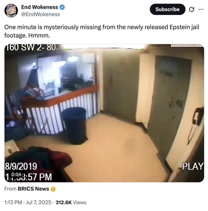 Jeffrey Epstein Cctv Footage Missing Minute — Tweet from End Wokeness account commenting on the one-minute gap mysteriously missing from the Epstein jail CCTV.