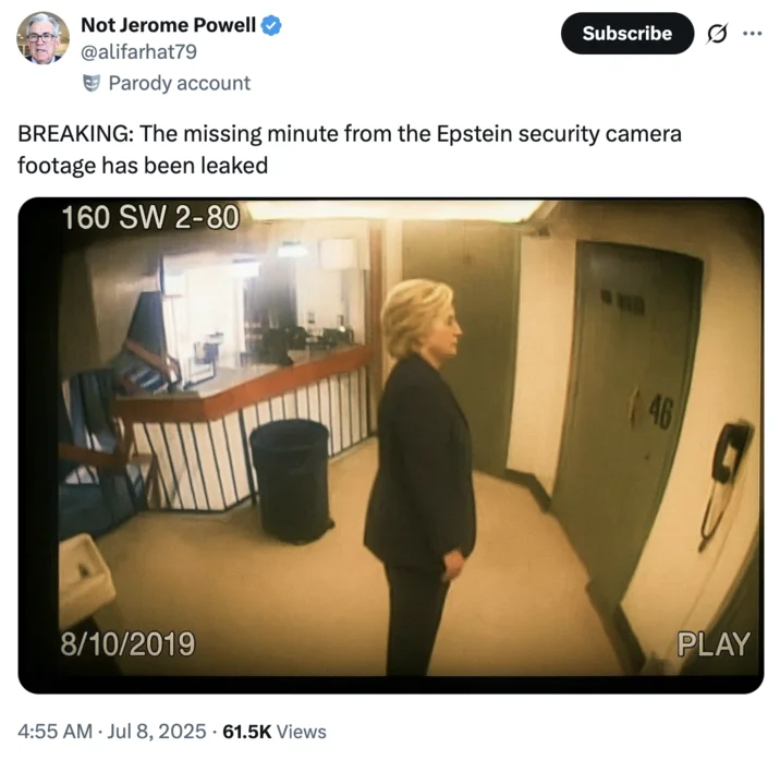 Jeffrey Epstein Cctv Footage Missing Minute — Parody account tweet claiming the missing Epstein security footage minute has been leaked with a CCTV frame.