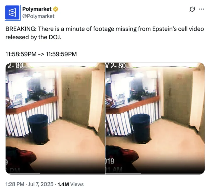 Jeffrey Epstein Cctv Footage Missing Minute — Polymarket tweet displaying side-by-side CCTV frames from Epstein's cell with timestamps showing the one-minute