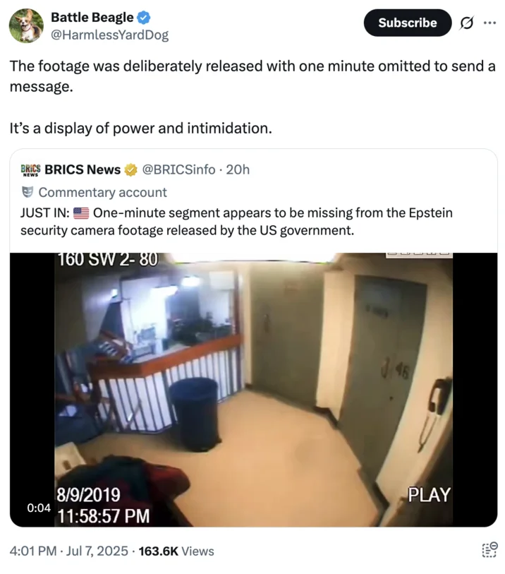Jeffrey Epstein Cctv Footage Missing Minute — Tweet thread discussing the one-minute gap in released Epstein jail CCTV footage with embedded CCTV frame.
