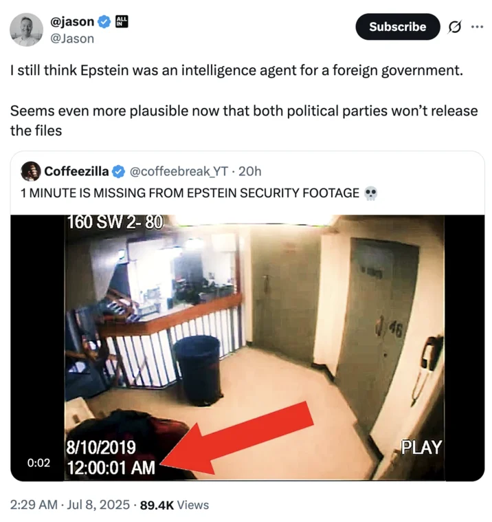 Jeffrey Epstein Cctv Footage Missing Minute — Twitter screenshot showing CCTV frame with prominent red arrow pointing to timestamp 12:00:01 AM, emphasizing the